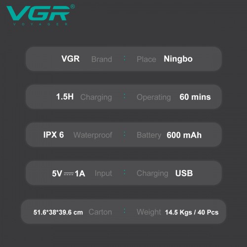 Электробритва для мужчин VGR V-387 роторная с LED-дисплеем для влажного и сухого бритья, защита IPX6, Черный с синим