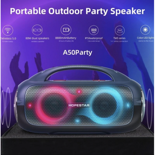 Портативная беспроводная Bluetooth колонка Hopestar A50 Party |BT5.0, 80W, TWS, AUX/TF/USB, 8h, IP5X| Черная